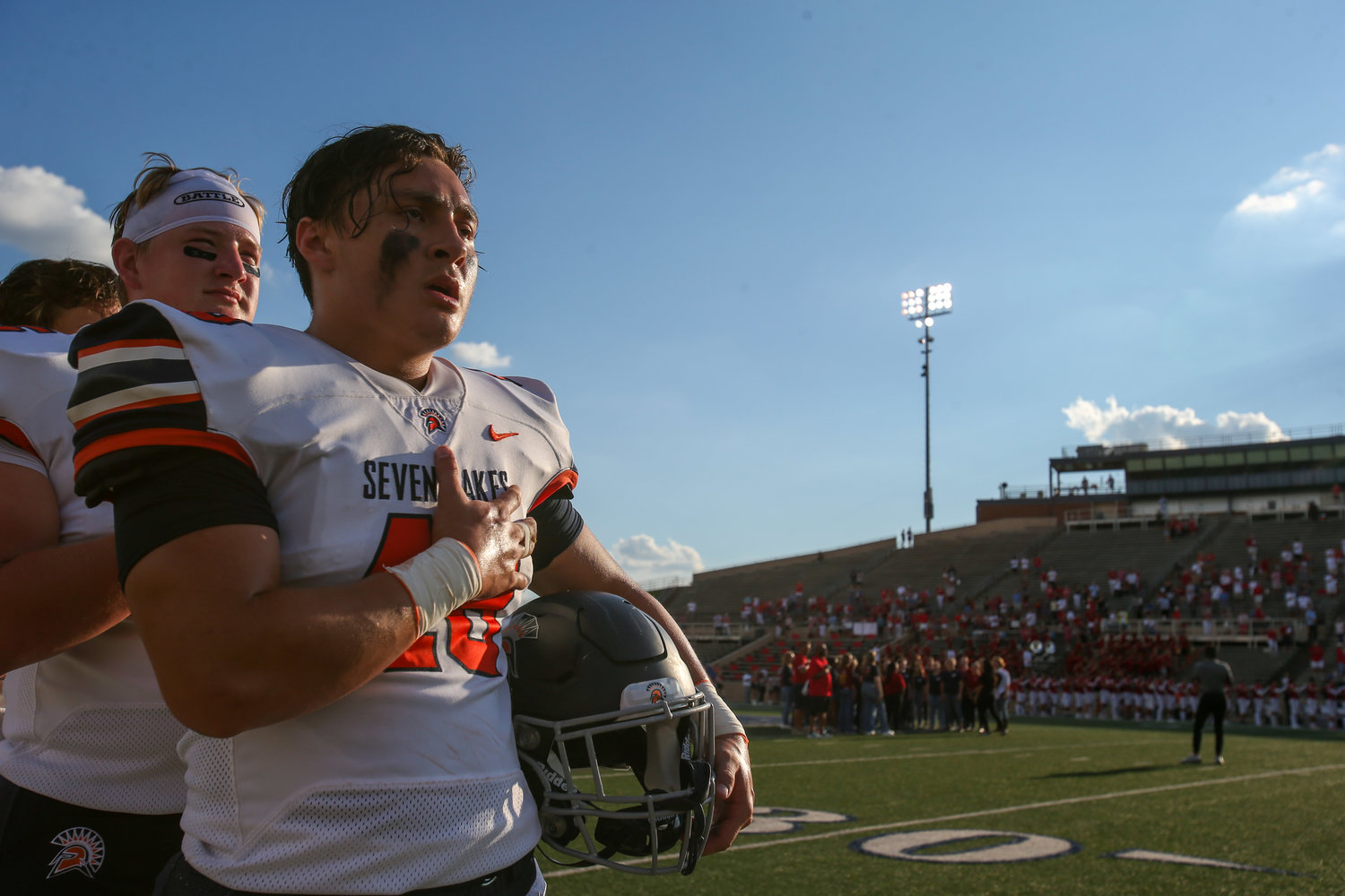 Seven Lakes Spartans linebacker Shane Rasefske (48) stands during the National anthem before the start of the game between the Seven Lakes Spartans and Memorial Mustangs on August 25, 2022 in Houston, Texas. Photo Credit: John Glaser - Katy Times